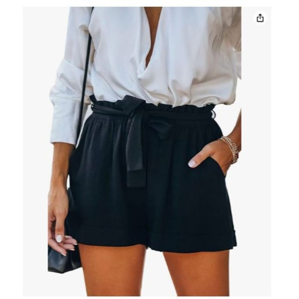 Women's Linen Shorts 100% Cotton Large Black Soft Elastic Waist Casual